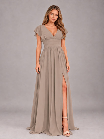 Taupe Sexy V-Neck Slit Floor Length Bridesmaid Dress With Pockets