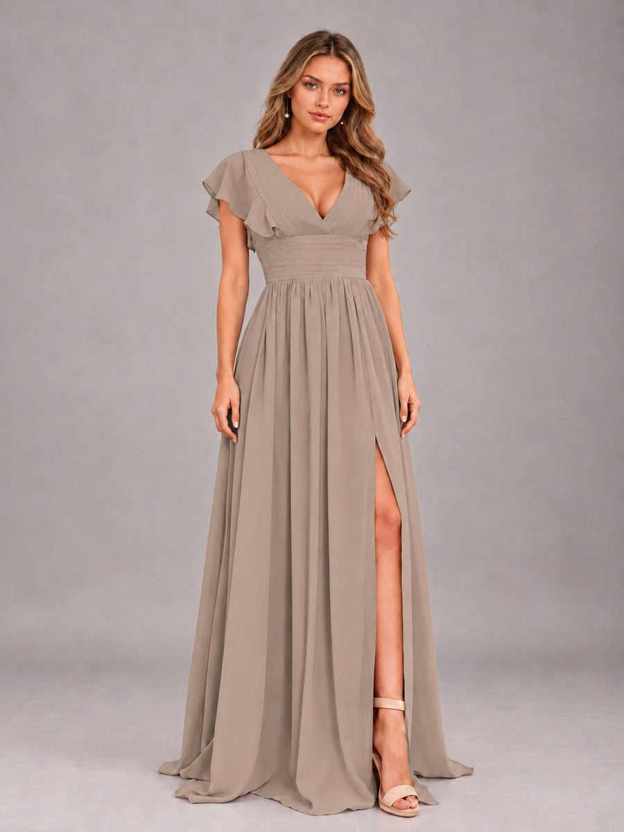 Taupe Sexy V-Neck Slit Floor Length Bridesmaid Dress With Pockets