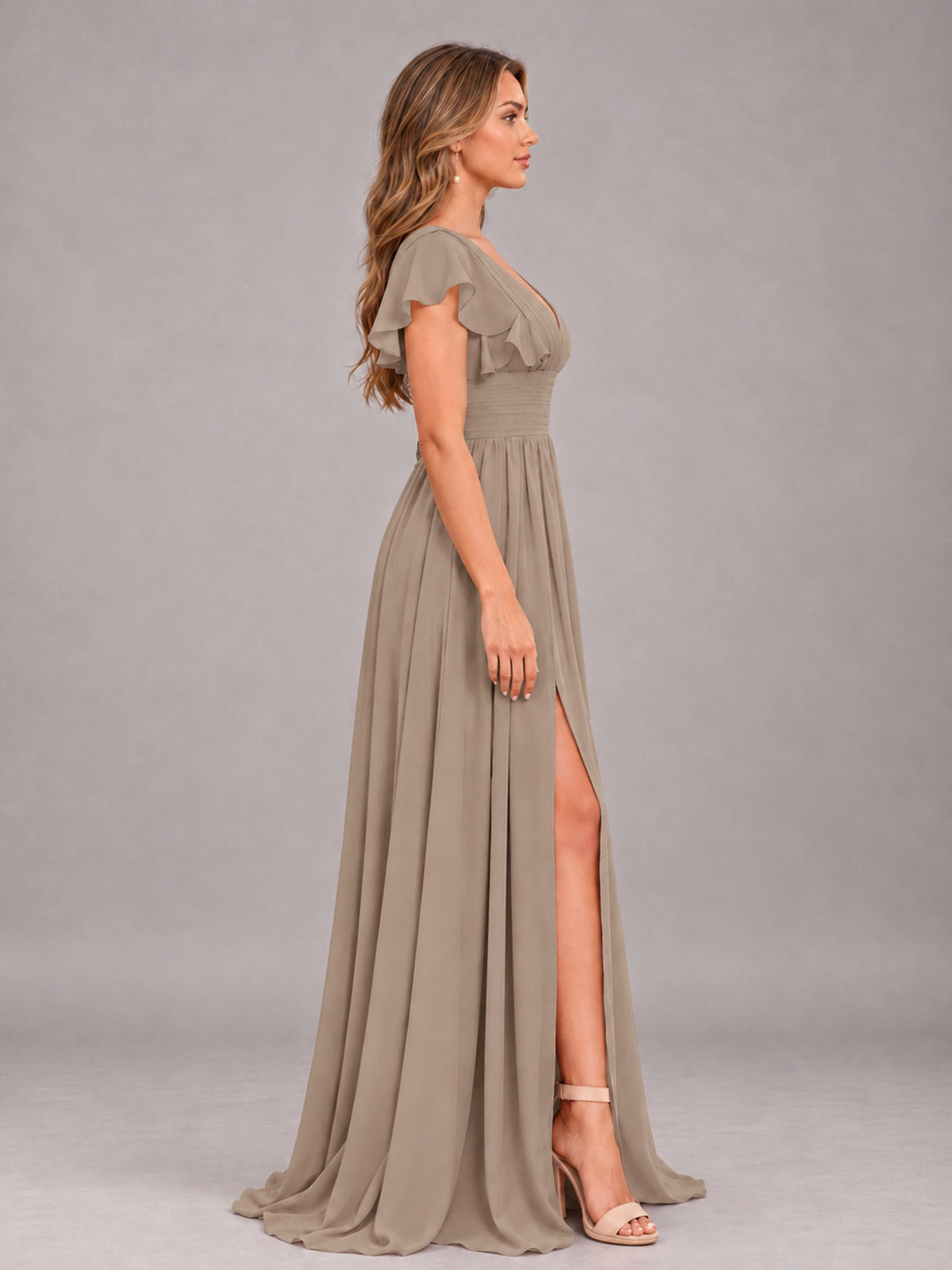 Taupe Sexy V-Neck Slit Floor Length Bridesmaid Dress With Pockets