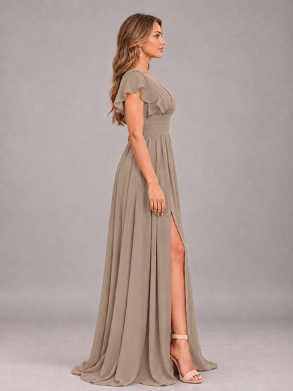 Taupe Sexy V-Neck Slit Floor Length Bridesmaid Dress With Pockets