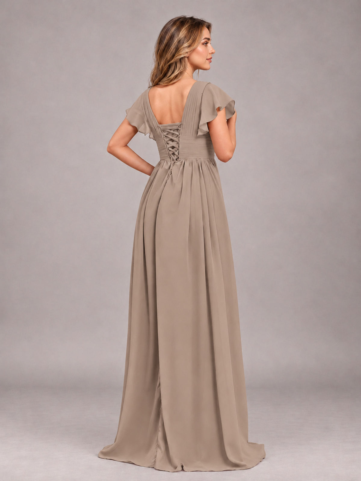 Taupe Sexy V-Neck Slit Floor Length Bridesmaid Dress With Pockets