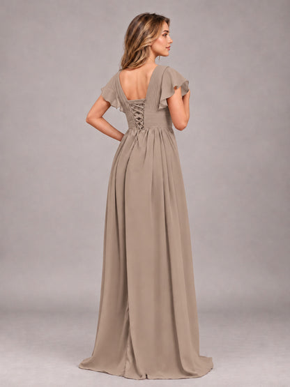 Taupe Sexy V-Neck Slit Floor Length Bridesmaid Dress With Pockets