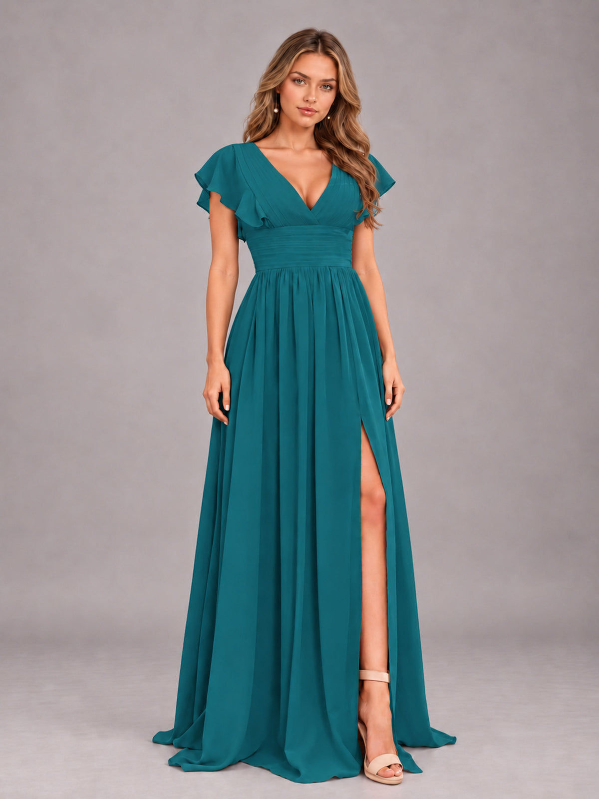 Teal Sexy V-Neck Slit Floor Length Bridesmaid Dress With Pockets