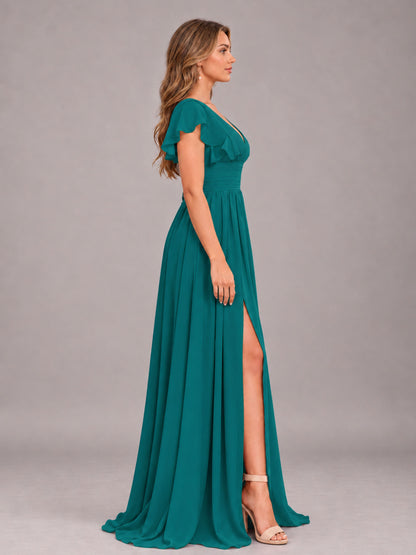 Teal Sexy V-Neck Slit Floor Length Bridesmaid Dress With Pockets