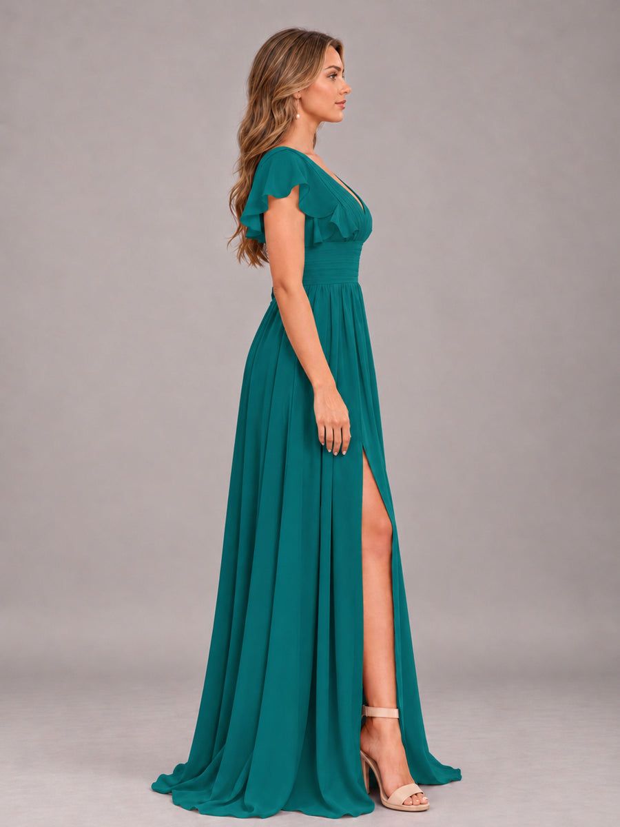 Teal Sexy V-Neck Slit Floor Length Bridesmaid Dress With Pockets