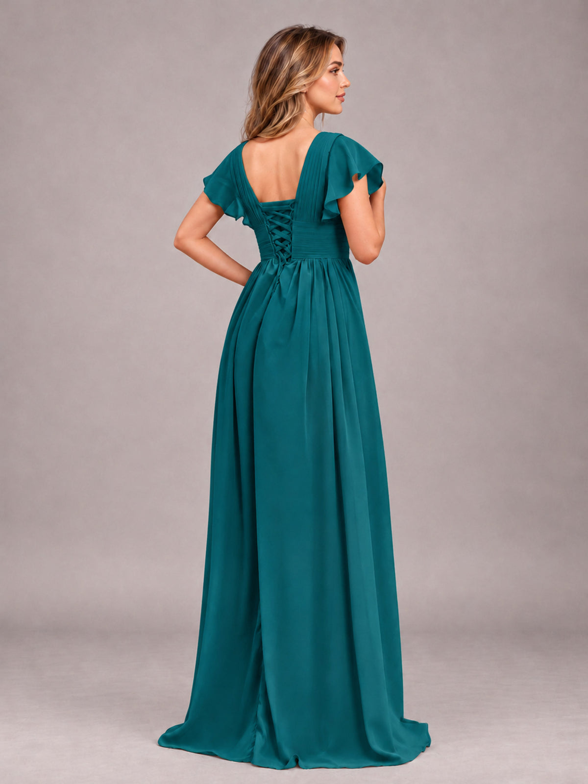 Teal Sexy V-Neck Slit Floor Length Bridesmaid Dress With Pockets