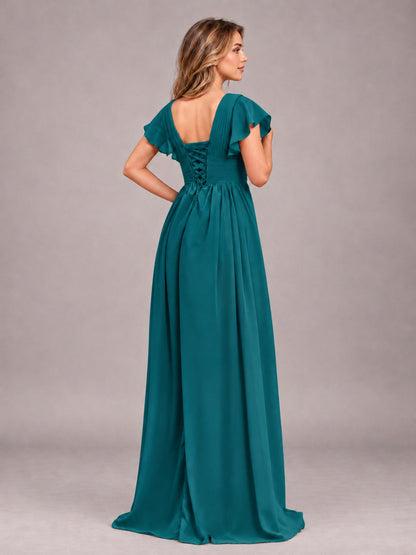 Teal Sexy V-Neck Slit Floor Length Bridesmaid Dress With Pockets