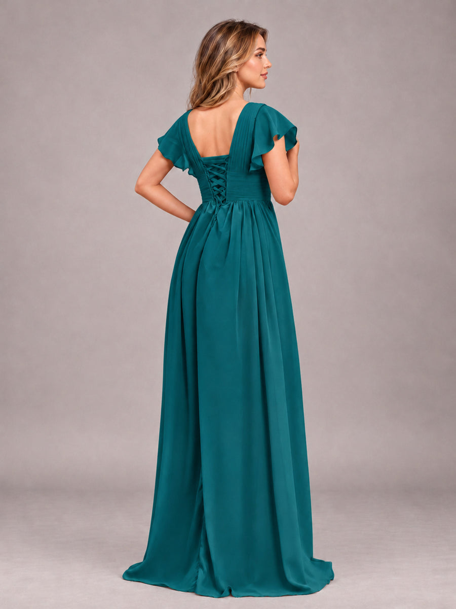 Teal Sexy V-Neck Slit Floor Length Bridesmaid Dress With Pockets