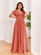 Sexy V-Neck Slit Floor Length Bridesmaid Dresses With Pockets