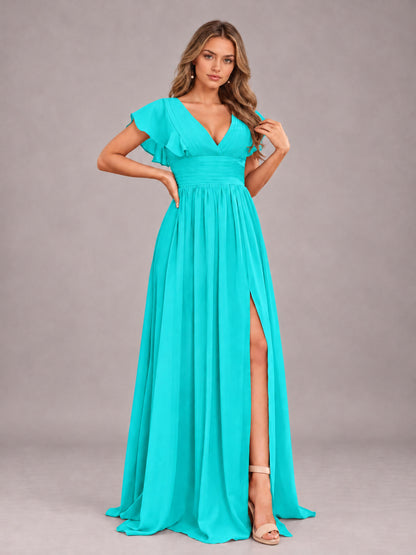 Turquoise Sexy V-Neck Slit Floor Length Bridesmaid Dress With Pockets