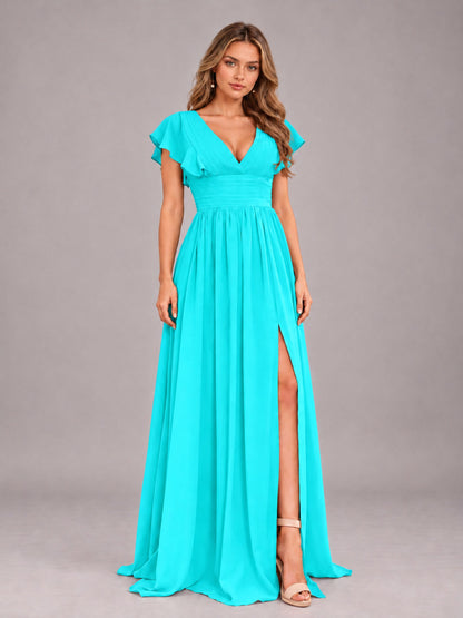 Turquoise Sexy V-Neck Slit Floor Length Bridesmaid Dress With Pockets
