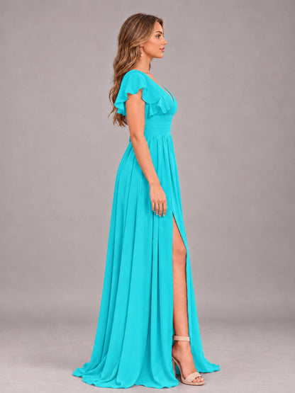 Turquoise Sexy V-Neck Slit Floor Length Bridesmaid Dress With Pockets