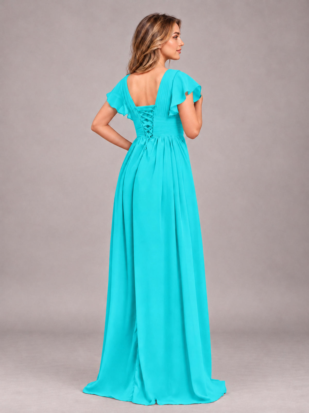 Turquoise Sexy V-Neck Slit Floor Length Bridesmaid Dress With Pockets