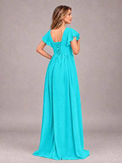 Turquoise Sexy V-Neck Slit Floor Length Bridesmaid Dress With Pockets