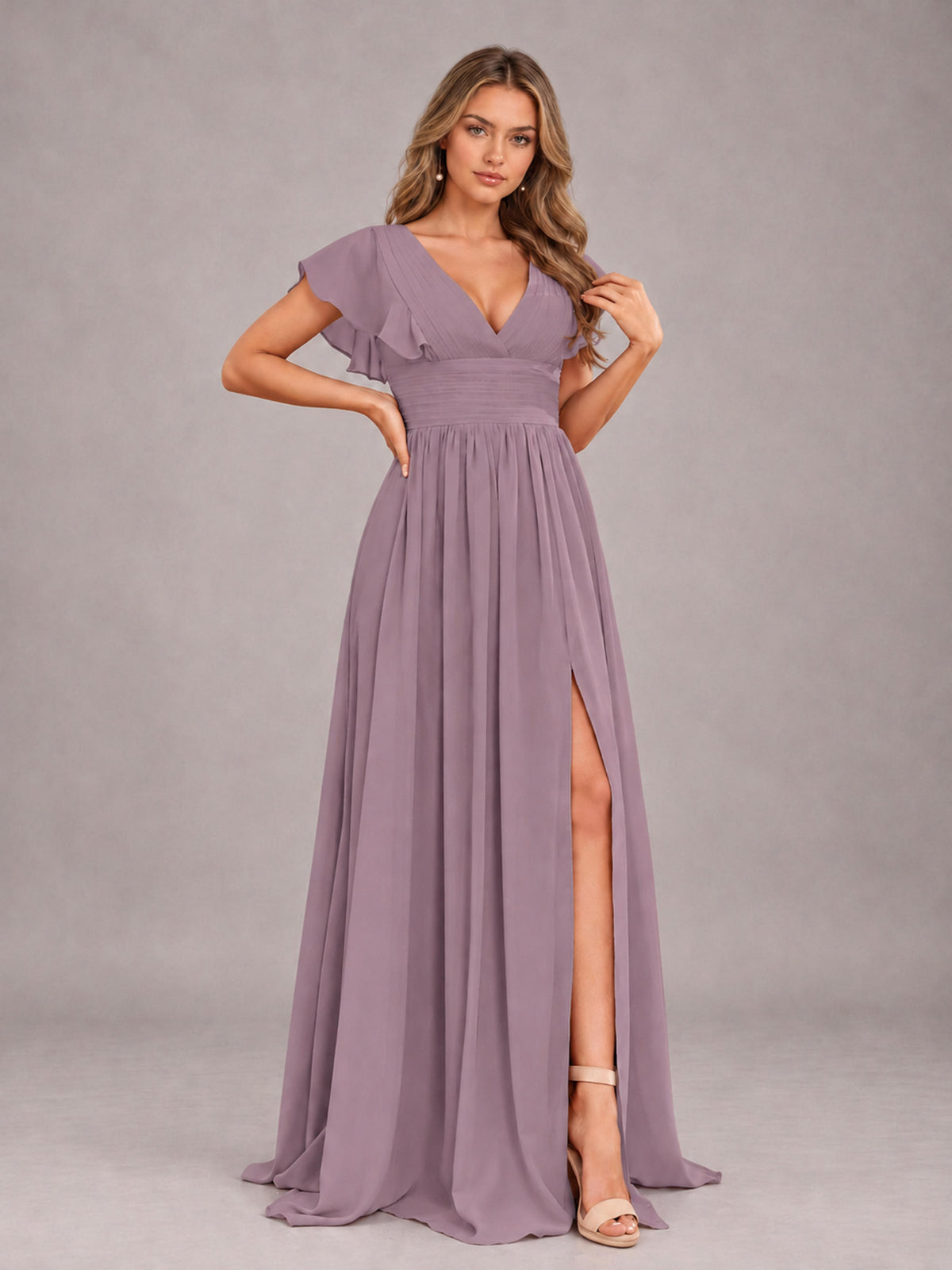 Wisteria Sexy V-Neck Slit Floor Length Bridesmaid Dress With Pockets