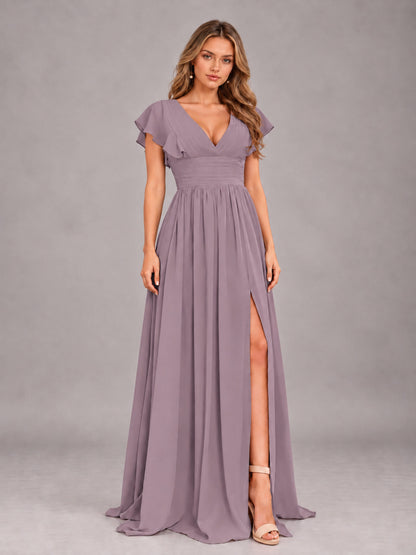 Wisteria Sexy V-Neck Slit Floor Length Bridesmaid Dress With Pockets