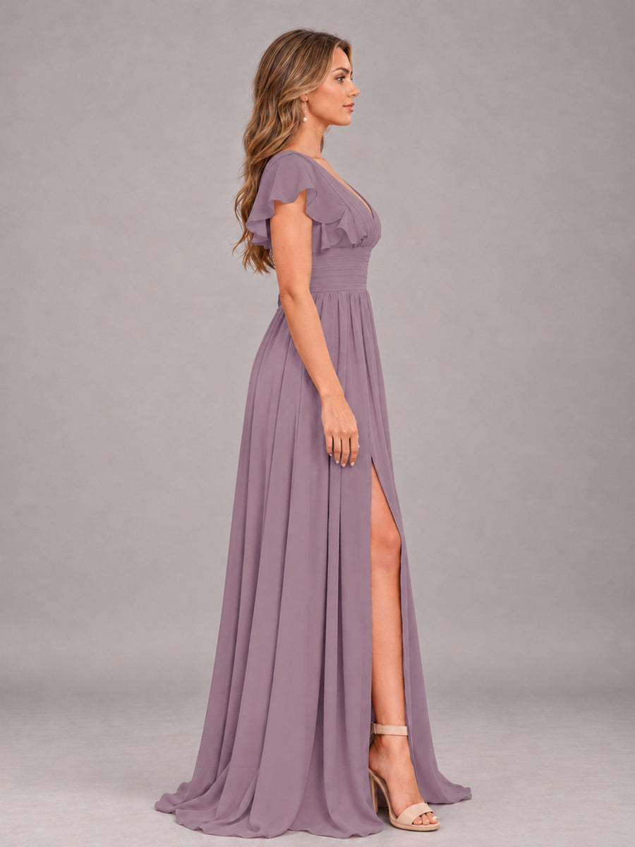 Wisteria Sexy V-Neck Slit Floor Length Bridesmaid Dress With Pockets