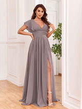 Sexy V-Neck Slit Floor Length Bridesmaid Dresses With Pockets