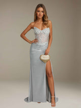 Sexy V-Neck Strapless Glitter Prom Dress with Side Slit