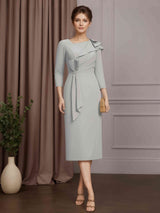 Sheath/Column Asymmetrical Neck 3/4 Length Sleeves Tea-Length Mother of the Bride Dresses with Beaded & Pleated