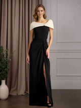 Sheath/Column Asymmetrical Neck Short Sleeves Floor-Length Mother of the Bride Dresses with Ruffles & Split Side