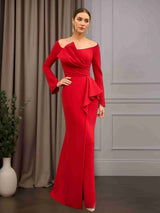 Sheath/Column Boat Neckline Long Sleeves Floor-Length Mother of the Bride Pantsuits with Ruffles, Bowknot & Split Side