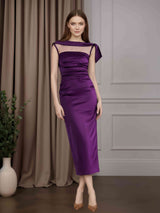 Sheath/Column Boat Neckline Sleeveless Tea-Length Mother of the Bride Dresses with Ruffles