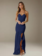 Sheath/Column Halter V-Neck Sleeveless Floor-Length Bridesmaid Dresses with Ruffles & Split Side