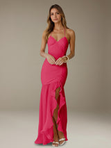 Sheath/Column Halter V-Neck Sleeveless Floor-Length Bridesmaid Dresses with Ruffles & Split Side