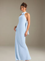 Sheath/Column Jewel Neck Sleeveless Floor-Length Wedding Guest Dresses with Bowknot