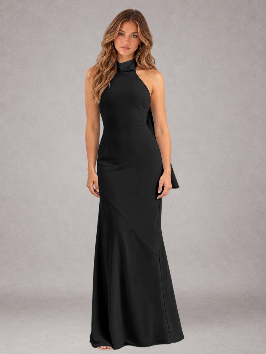 Black Sheath/Column Jewel Neck Sleeveless Floor-Length Wedding Guest Dresses with Bowknot