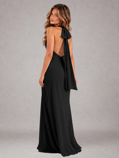 Black Sheath/Column Jewel Neck Sleeveless Floor-Length Wedding Guest Dresses with Bowknot