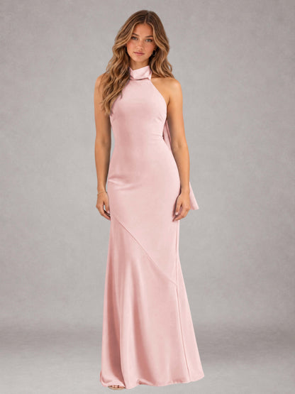 Blushing Pink Sheath/Column Jewel Neck Sleeveless Floor-Length Wedding Guest Dresses with Bowknot