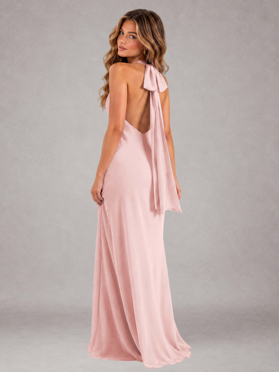 Blushing Pink Sheath/Column Jewel Neck Sleeveless Floor-Length Wedding Guest Dresses with Bowknot