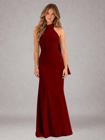 Burgundy Sheath/Column Jewel Neck Sleeveless Floor-Length Wedding Guest Dresses with Bowknot