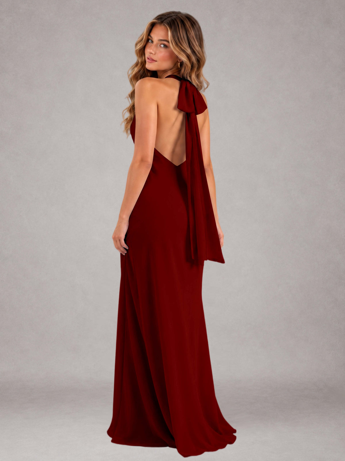 Burgundy Sheath/Column Jewel Neck Sleeveless Floor-Length Wedding Guest Dresses with Bowknot