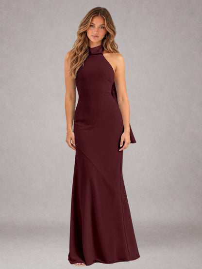 Cabernet Sheath/Column Jewel Neck Sleeveless Floor-Length Wedding Guest Dresses with Bowknot