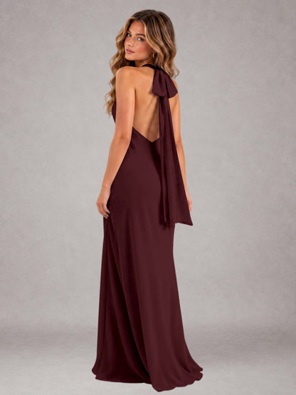 Cabernet Sheath/Column Jewel Neck Sleeveless Floor-Length Wedding Guest Dresses with Bowknot