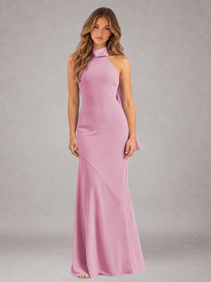 Candy Pink Sheath/Column Jewel Neck Sleeveless Floor-Length Wedding Guest Dresses with Bowknot