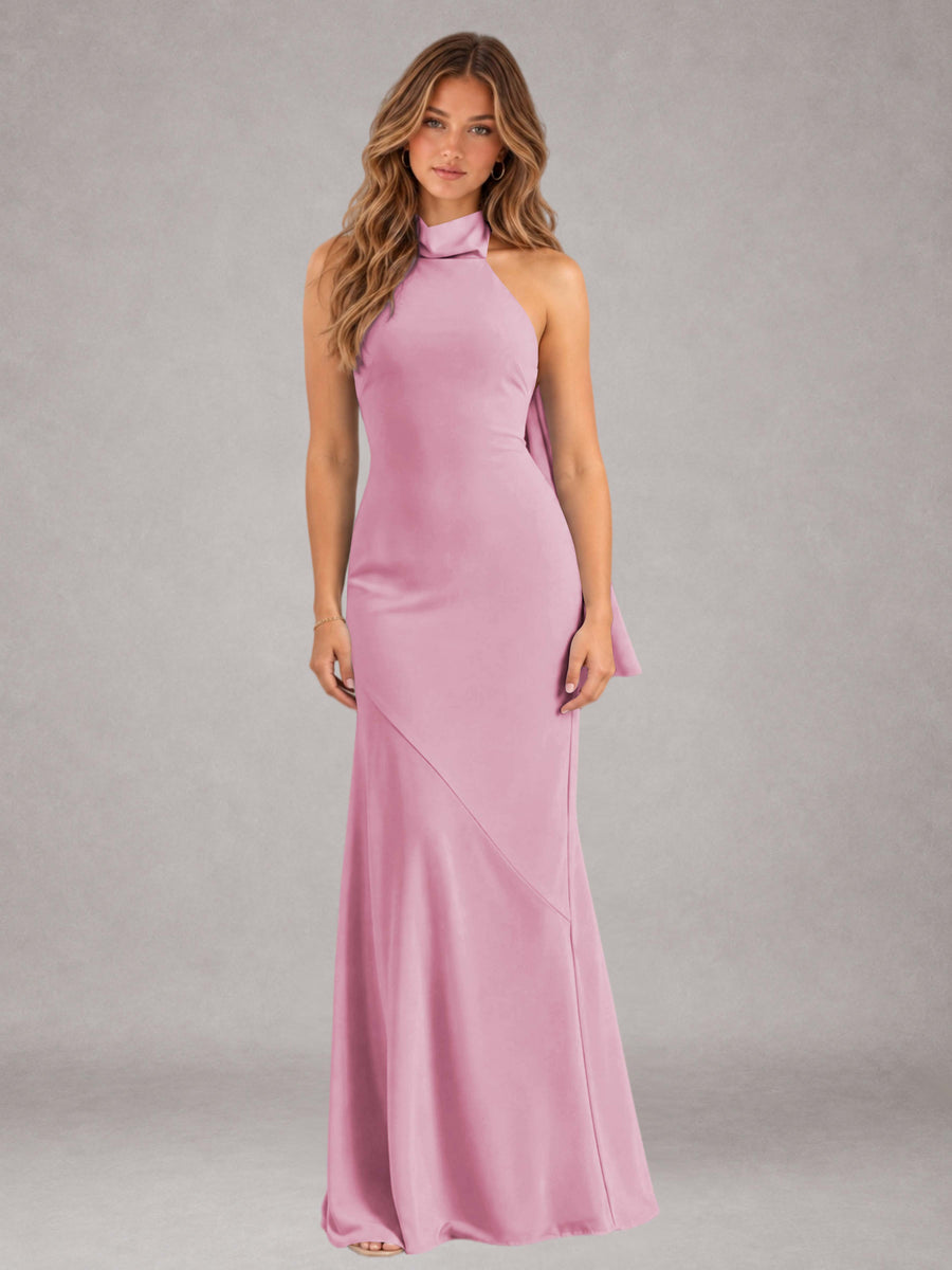 Candy Pink Sheath/Column Jewel Neck Sleeveless Floor-Length Wedding Guest Dresses with Bowknot