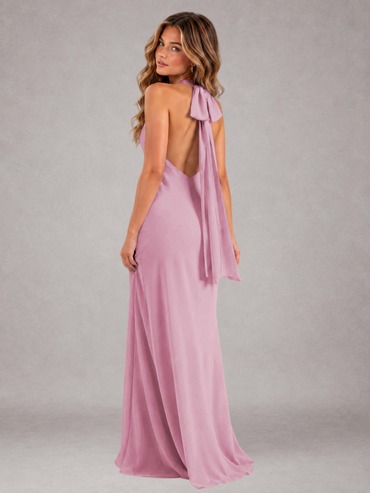 Candy Pink Sheath/Column Jewel Neck Sleeveless Floor-Length Wedding Guest Dresses with Bowknot