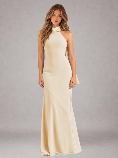 Champagne Sheath/Column Jewel Neck Sleeveless Floor-Length Wedding Guest Dresses with Bowknot
