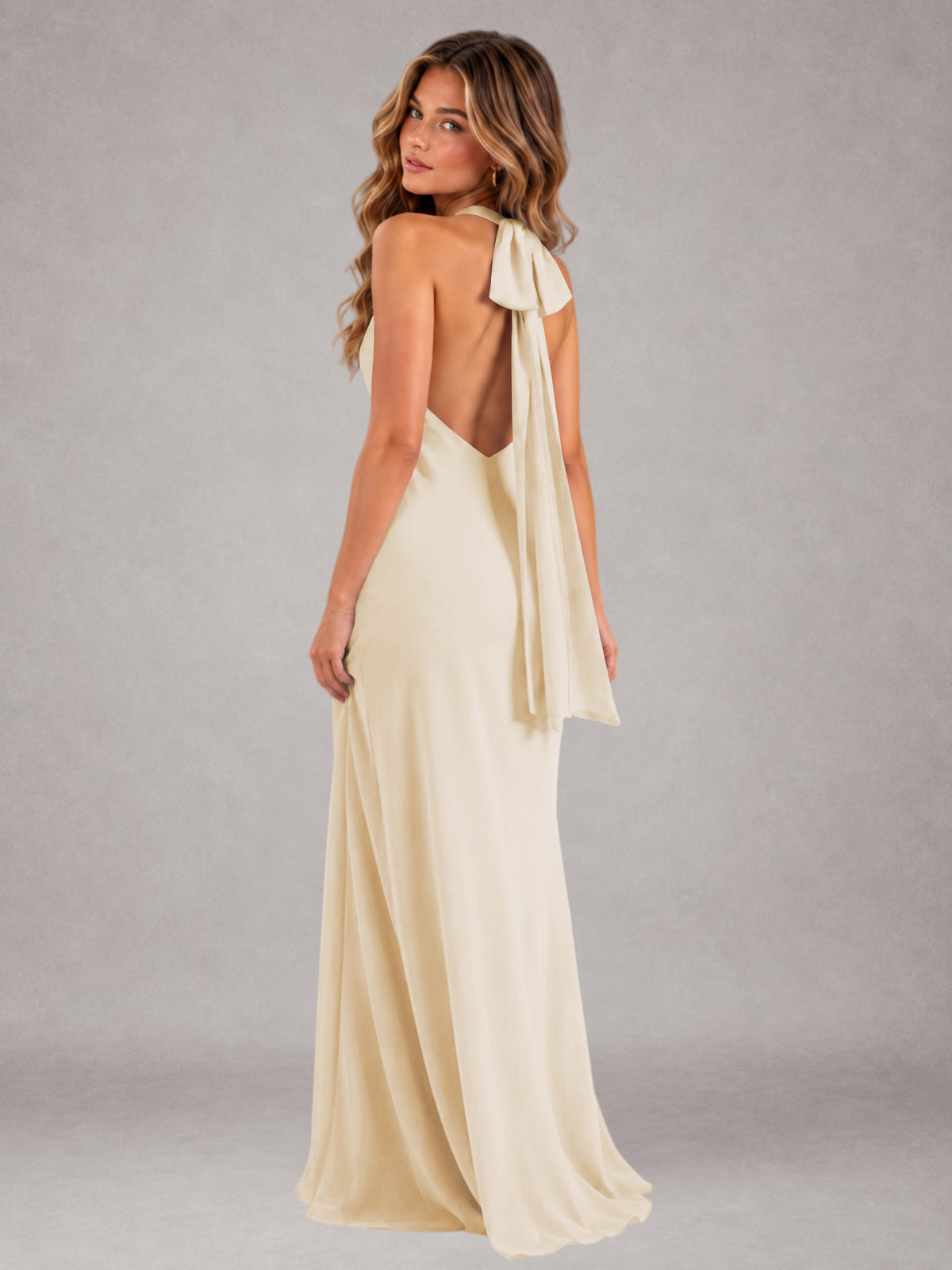 Champagne Sheath/Column Jewel Neck Sleeveless Floor-Length Wedding Guest Dresses with Bowknot