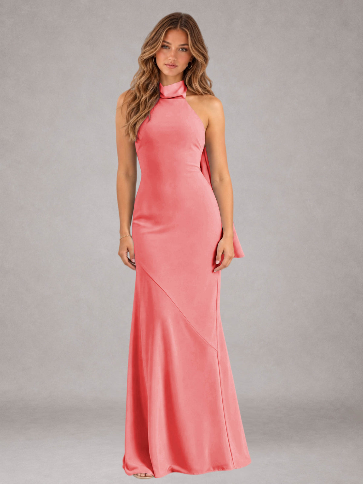 Coral Sheath/Column Jewel Neck Sleeveless Floor-Length Wedding Guest Dresses with Bowknot