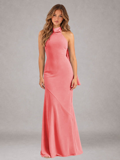 Coral Sheath/Column Jewel Neck Sleeveless Floor-Length Wedding Guest Dresses with Bowknot