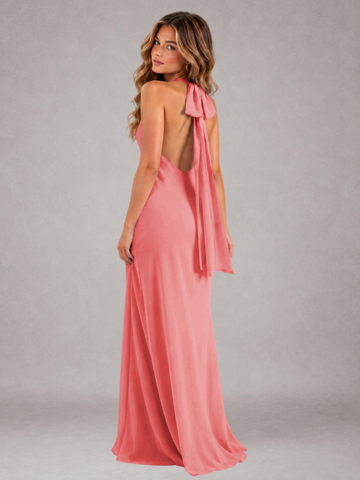 Coral Sheath/Column Jewel Neck Sleeveless Floor-Length Wedding Guest Dresses with Bowknot