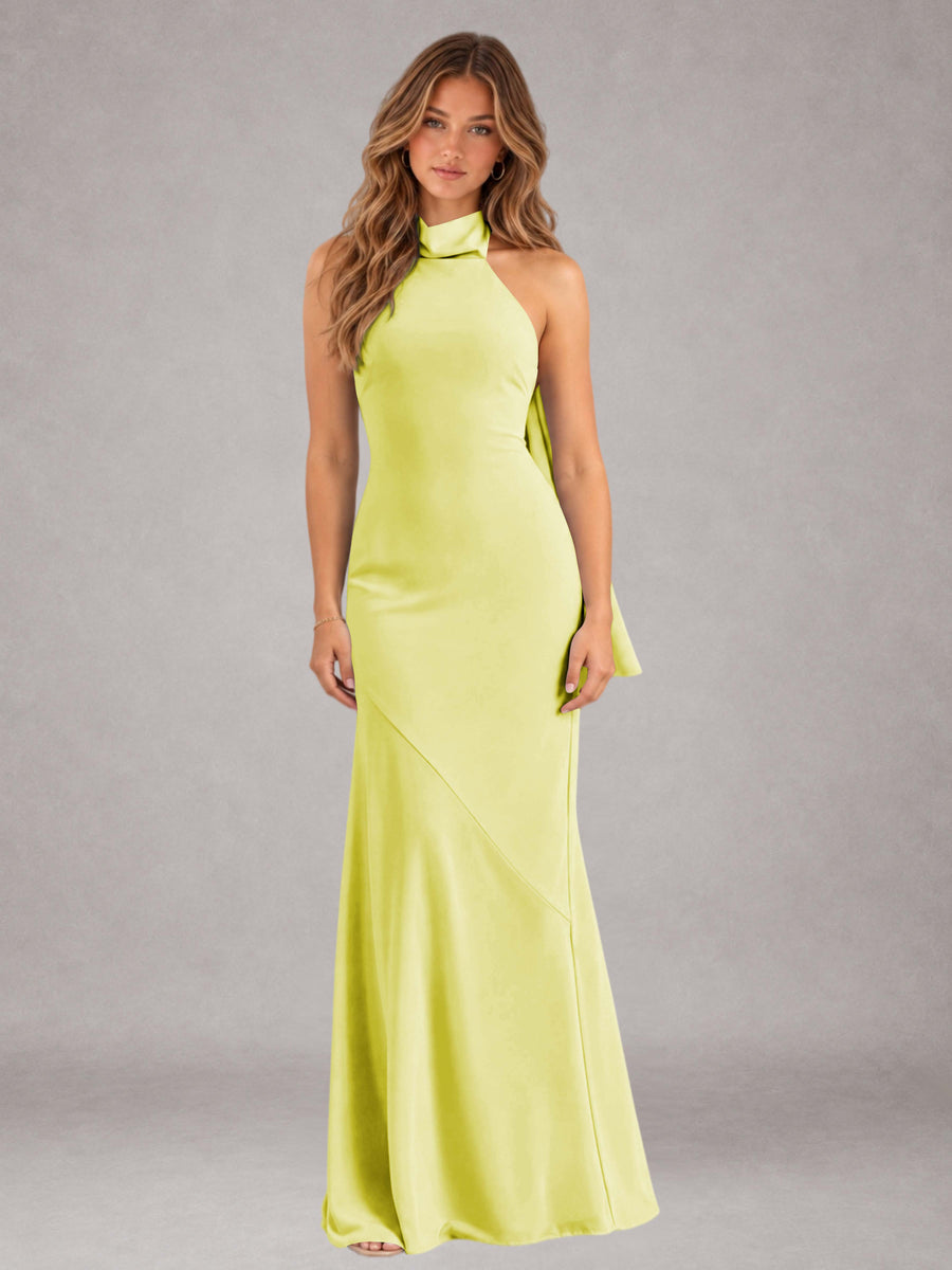 Daffodil Sheath/Column Jewel Neck Sleeveless Floor-Length Wedding Guest Dresses with Bowknot