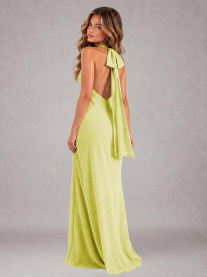 Daffodil Sheath/Column Jewel Neck Sleeveless Floor-Length Wedding Guest Dresses with Bowknot