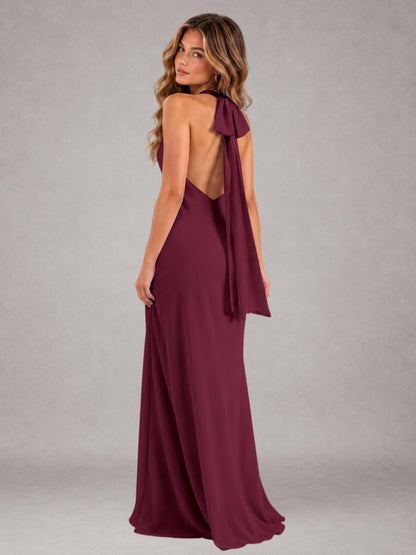 Desert Rose Sheath/Column Jewel Neck Sleeveless Floor-Length Wedding Guest Dresses with Bowknot