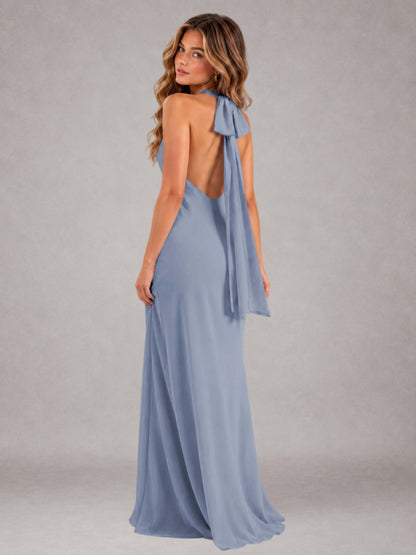 Dusty Blue Sheath/Column Jewel Neck Sleeveless Floor-Length Wedding Guest Dresses with Bowknot